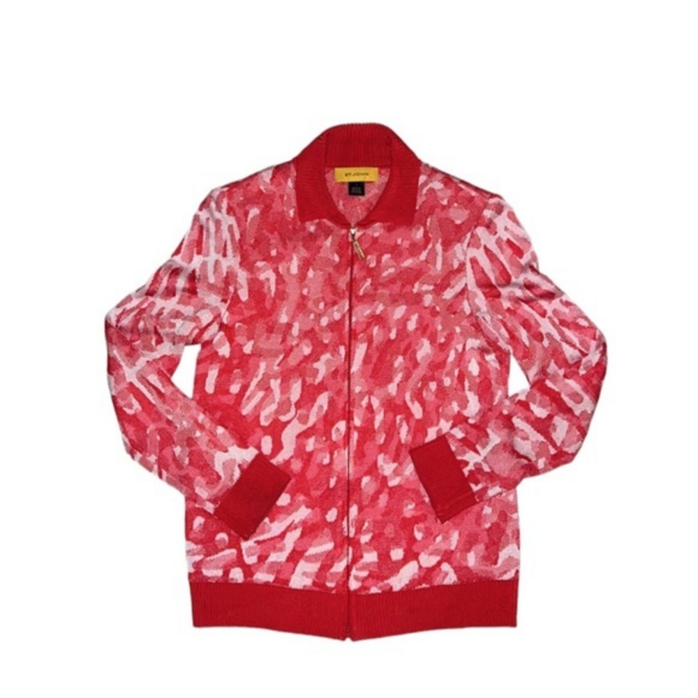 St. John Red &‎ White Abstract Print Knit Cardigan Sweater Size Petite Small